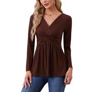 TIANZHU Women’s Wrap Tunic Top Elegant V-Neck Long Sleeve Shirt Empire Waist Flowy A-Line Babydoll Style for Vacation, Brown, Size 8-10