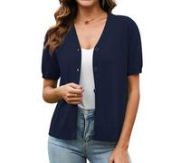 TIANZHU Women's Casual Shrug Open Front Short Sleeve Cardigan Lightweight Button Down Crochet Knit Bolero Shug, Navy Blue, Size 8-10