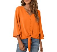 TIANZHU Women's Casual V Neck Tops 3/4 Sleeve Tie Knot Summer Blouses Floral Print Button Decorative Shirts, Bright Orange, Large