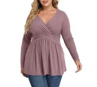 TIANZHU Women's Plus Size Casual Top Stylish Dressy V-Neck Empire Waist Tunic Lightweight Long Sleeve Blouse, Mauve, XL
