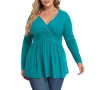 TIANZHU Women's Plus Size Casual Top Stylish Dressy V-Neck Empire Waist Tunic Lightweight Long Sleeve Blouse, Light Green, 3XL