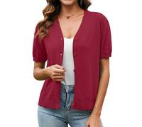 TIANZHU Women's Summer Cardigan V Neck Lightweight Open Front Knit Shrugs Short Sleeve Bolero with Buttons, Z Red, Size 16-18