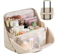 tianzong 2-in-1 Makeup and Toiletry Bag, Waterproof Soft Leather, Magnetic Fold-Down Flap, Multi-Zone Vertical Storage, Travel Cosmetic Bag, XL-Cream, XL, Modern