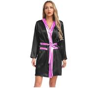 TiaoBug 2 Piece Womens Boxer Costume Metallic Trim Open Front Hooded Boxing Robe with Belt Black&Pink 16