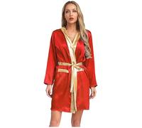 TiaoBug 2 Piece Womens Boxer Costume Metallic Trim Open Front Hooded Boxing Robe with Belt Burgundy 14