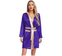 TiaoBug 2 Piece Womens Boxer Costume Metallic Trim Open Front Hooded Boxing Robe with Belt Purple 16