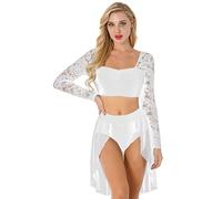 TiaoBug 2 Pieces Women Lace Asymmetric Contemporary Lyrical Dance Crop Top Shorts Dress Dance Costume White Long Sleeve L
