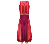 TiaoBug Boys Arabian Costume Halloween Arab Prince Cosplay Outfits 2 Piece Satin Tank Top And Baggy Pants Fancy Dress Burgundy 7-8 Years