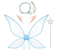 TiaoBug Butterfly Fairy Wing Halloween Costume Angel Wings with Elf Ears Garland Wand for Women Blue One Size