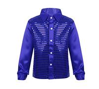 TiaoBug Children Boys Sequins Long Sleeves Button Down Shirt Disco Hip-hop Jazz Dance Shirt Choir Stage Performance Costume Blue 12-14 Years