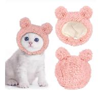 TiaoBug Cozy Flannel Hat for Pets Adjustable Bear Ear Dog Cat Headwear Warm Winter Cap for Puppies Kittens Christmas Parties Pink One Size