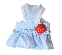 TiaoBug Dog Dresses Small Dogs Girl Lace Trim Ruffled Hem Striped Dress with Strawberry Decor Summer Dog Clothes Blue XL