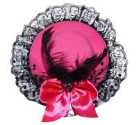 TiaoBug Elegant Feather Lace Bowknot Mini Top Hat Fascinator Hair Clip for Women Girls Halloween Tea Party Rose Red One Size