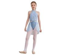 TiaoBug Girls Ballet Modern Lyrical Dance Outfits Sleeveless Halter Chiffon Wrap Skirt Leotard Dress Figure Ice Skating Dress Light Blue 15-16 Years