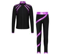TiaoBug Girls Figure Skating Jacket with Pants Leggings Set Kids Ice Skating 2 Piece Outfits Practice Training Wear Purple 13-14 Years