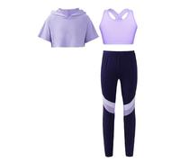 TiaoBug Girls Hoodie T-Shirt Sleeveless Tank Crop Top with Athletic Leggings Sportswear 3Pcs Dance Suit Lavender 13-14 Years