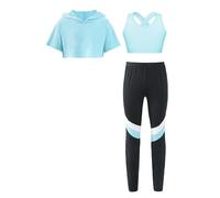 TiaoBug Girls Hoodie T-Shirt Sleeveless Tank Crop Top with Athletic Leggings Sportswear 3Pcs Dance Suit Light Blue 11-12 Years