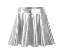 TiaoBug Girls Kids Glossy Metallic Flared Pleated A-Line Mini Dance Skater Skirt Athletic Scooter High Waisted Skirts Skort Silver 11-12 Years
