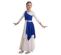 TiaoBug Girls One Shoulder Praise Dance Dress Tunic Color Block Ballet Lyrical Modern Dance Dress Ballroom Dance Costume Blue 5-6 Years