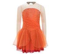 TiaoBug Girls Performance Dance Gown Lyrical Costume Glittery Rhinestone Latin/Figure Skating Dress with Keyhole Back Orange 9-10 Years
