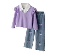 TiaoBug Kid Girl 2pcs Clothes Spring Summer Outfits Cute Sweet Bowknot Ruffles Tops with Denim Pants Set Lavender 4-5 Years
