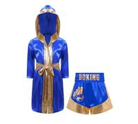 TiaoBug Kids Boys Girls Boxing Costume 2Pcs Boxer Robe And Muay Thai Shorts Set Boxer Uniform Halloween Outfit Royal Blue&Gold 15-16 Years