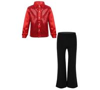 TiaoBug Kids Boys Sparkle Long Sleeve Button-Down Shirt Disco Choir Hip Hop Latin Jazz Dance Tops with Flared Trousers Set Red 5-6 Years
