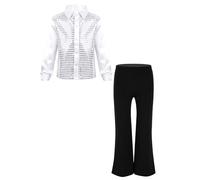 TiaoBug Kids Boys Sparkle Long Sleeve Button-Down Shirt Disco Choir Hip Hop Latin Jazz Dance Tops with Flared Trousers Set White 11-12 Years