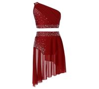 TiaoBug Kids Girls 2 Pieces Ballet Lyrical Dance Costume Shiny Sleeveless Athletic Crop Top with Tutu Skirt Set Dancewear Burgundy 12 Years