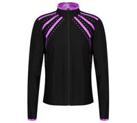 TiaoBug Kids Girls Athletic Track Jacket Striped Rhinestones Zipper Sweatshirts Dance Gym Yoga Running Workout Tops Purple 7-8 Years