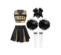 TiaoBug Kids Girls Cheer Leader Uniform Cosplay Party Costume Cheerleading Crop Top with Pleated Skirt Pom Poms Hair Tie Socks A White&Black 11-12 Years