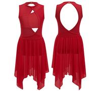 TiaoBug Kids Girls Cut Out Front Backless Ballet Leotard Dress Mesh Tulle Skirt Lyrical Modern Contemporary Dance Costume Red 5-6 Years