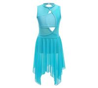TiaoBug Kids Girls Cut Out Front Backless Ballet Leotard Dress Mesh Tulle Skirt Lyrical Modern Contemporary Dance Costume Blue-Green 9-10 Years