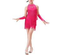 TiaoBug Kids Girls Halter Tassel Dance Dress Latin Jazz Salsa Samba Rumba Tango Cha Cha Ballroom Dance Costume with Gloves Hot Pink 11-12 Years