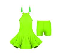 TiaoBug Kids Girls Samba Tango Latin Dance Dress Sleeveless Hollow Back Party Swing Dress with Accessory Ballroom Dancewear Fluorescent Green 7-8 Years
