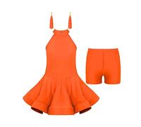 TiaoBug Kids Girls Samba Tango Latin Dance Dress Sleeveless Hollow Back Party Swing Dress with Accessory Ballroom Dancewear Orange 7-8 Years