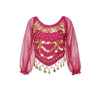 TiaoBug Kids Girls Sequins Beads Tassel Ballet Hip Hop Jazz Latin Belly Dance Crop Tops Long Sleeve Shirts Party Dancewear Hot Pink 2-12 Years