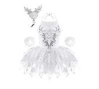 TiaoBug Kids Girls Sequins Camisole Ballet Tutu Skirts Swan Dance Leotard Mesh Dress Ballerina Dancewear with Headwear White 5-6 Years