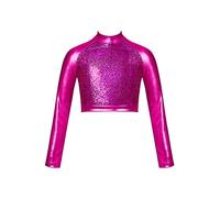 TiaoBug Kids Girls Sequins Turtleneck Long Sleeve Crop Top Athletic Shirt Ballet Jazz Hip Hop Modern Dance Performance Costume Hot Pink 10 Years