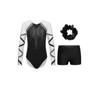 TiaoBug Kids Girls Shiny Rhinestone Long Sleeve Contract Color Gymnastics Ballet Dance Leotard with Shorts Hair Tie Set Black 11-12 Years
