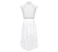TiaoBug Kids Girls Sleeveless Shiny Rhinestone Crop Top with High-Low Hem Chiffon Skirt Set Lyrical Ballet Modern Dancewear White 13-14 Years