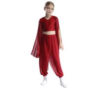 TiaoBug Kids Girls Split Chiffon Overlay Indian Belly Dance Harem Pants Practice Sports Yoga Performance Trousers Bottoms Burgundy 9-10 Years