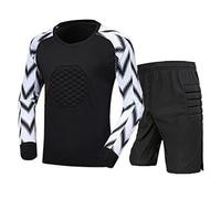 TiaoBug Kids Soccer Goalkeeper Uniform Protective Padded Goalie Shirt with Shorts Tracksuit 2Pcs Football Keeper Kit Black 12-14 Years