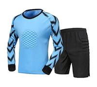 TiaoBug Kids Soccer Goalkeeper Uniform Protective Padded Goalie Shirt with Shorts Tracksuit 2Pcs Football Keeper Kit Blue 10-12 Years