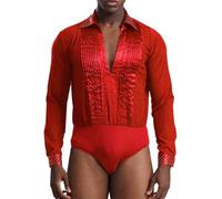 TiaoBug Men Classic Latin Dance Shirts Modern Ballroom Dancing Tops Leotard Bodysuit Ballet Samba Rumba Dancewear Red A L