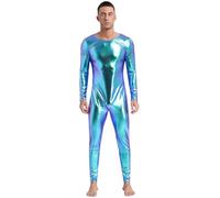 TiaoBug Mens Shiny Metallic Unitard Long Sleeve Full Body Bodysuit for Rave Party Dance Clubwear Blue L
