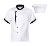 TiaoBug Mens Short Sleeves Chef Coat with Chef Hat Set Chef Jacket Cooker Cap Hotel Kitchen Uniform D01 XL