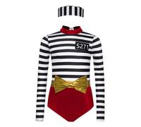 TiaoBug Prisoner Costume Black And White Striped Leotard with Hat for Halloween Cosplay Outfits Prison Uniform Burgundy 7-8 Years