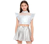 TiaoBug Sequins Metallic Jazz Dance Outfit For Girls Kids Costume Sequin Dancewear Sequin Dance Outfit Hip-Hop Silver 9-10 Years