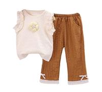 TiaoBug Toddler Baby Girls 2-Piece Textured Outfit Sleeveless Ruffle Flower Tank Top with Elastic Pockets Pants Brown 3-4 Years